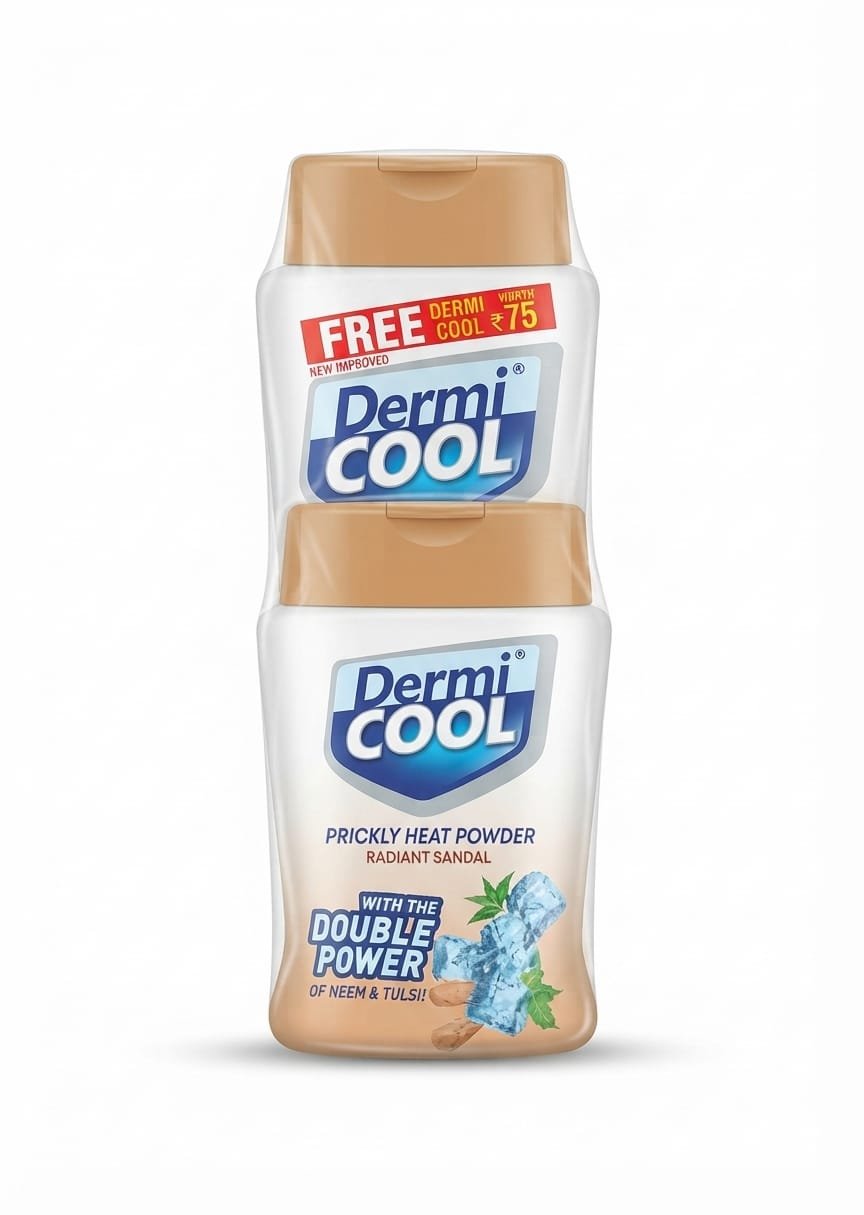 150 g pack of Dermi Cool Prickly Heat Powder Radiant Sandal with a promotional free offer.