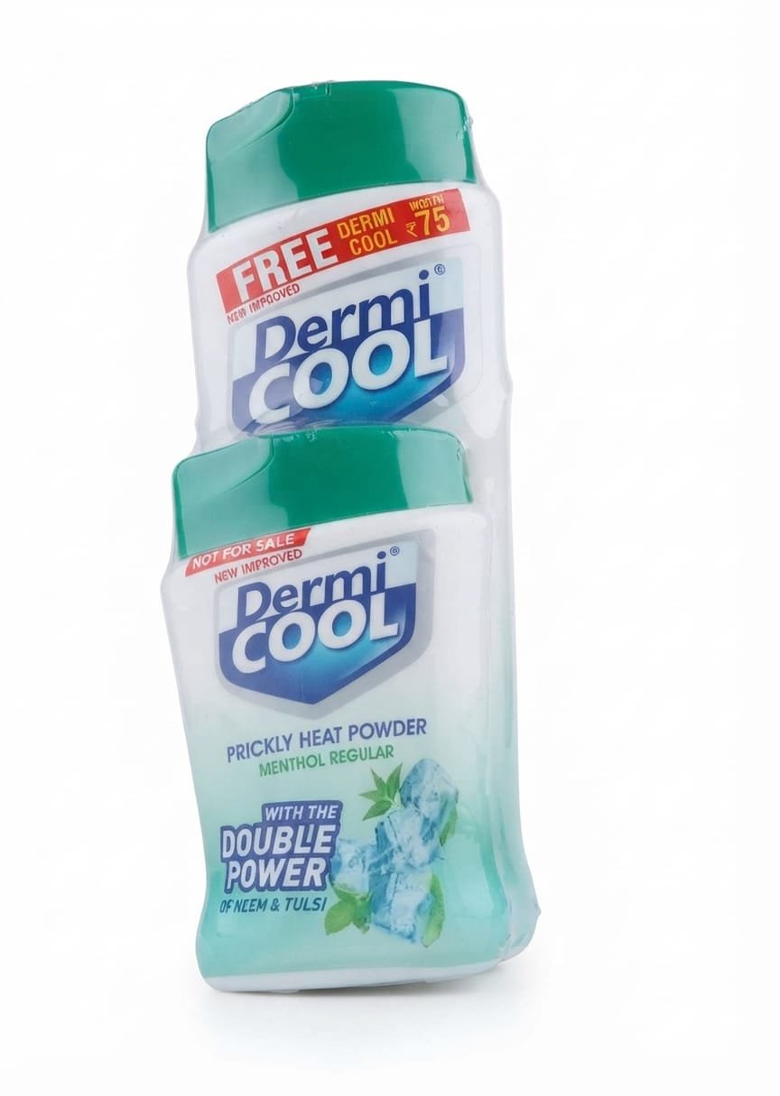Dermi Cool Prickly Heat Powder Menthol Regular featuring a cooling formula with neem and tulsi, packaged with a free smaller bonus container.