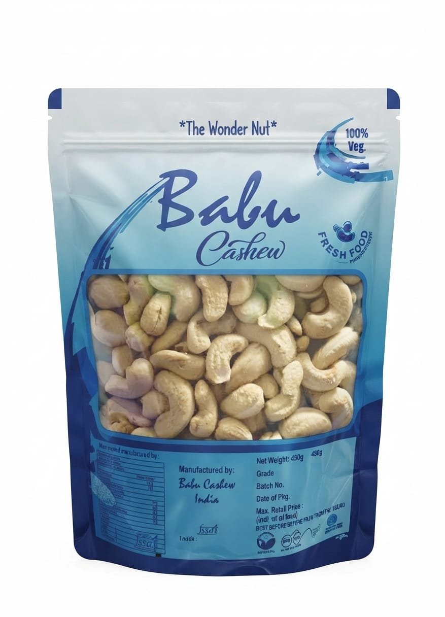 450-gram ziplock pouch of whole cashew kernels from Babu Cashew