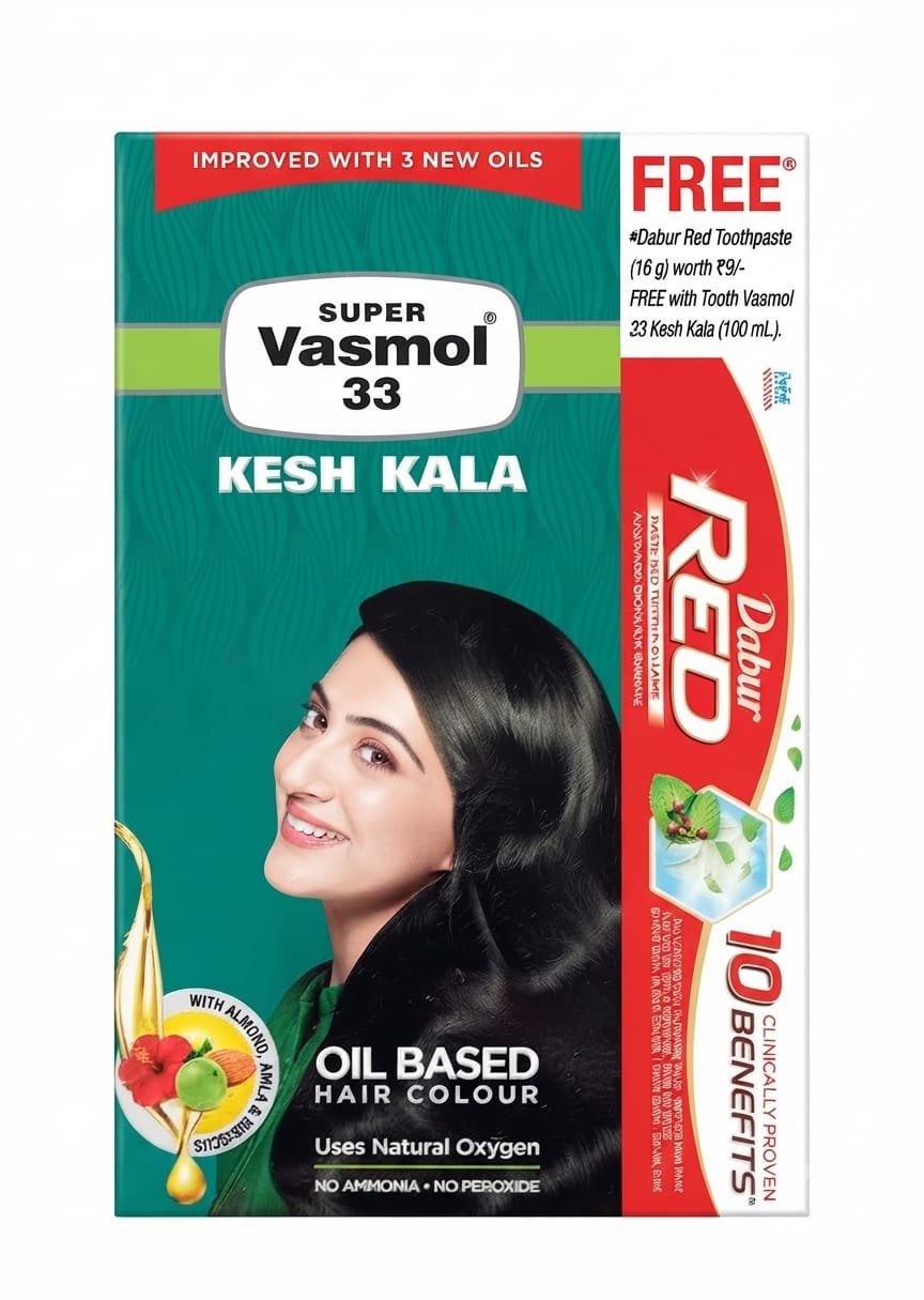 Super Vasmol 33 Kesh Kala oil-based hair color bundled with a promotional free sample of Dabur Red Toothpaste