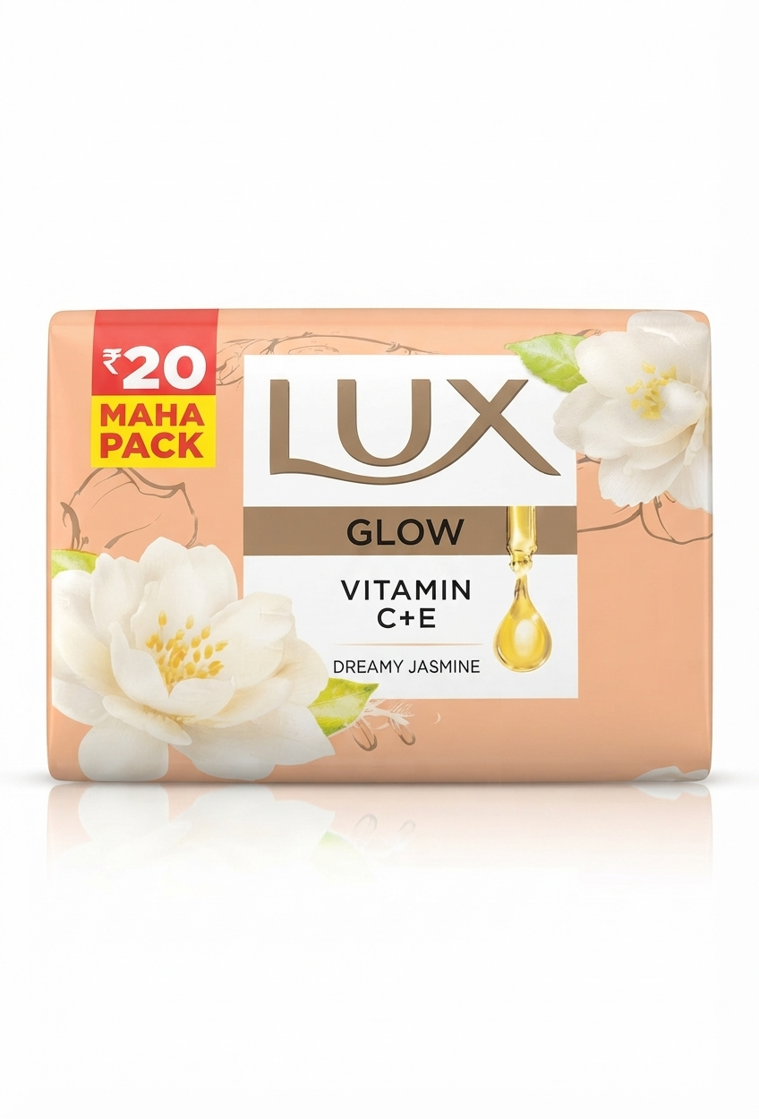 Lux Glow Vitamin C & E Dreamy Jasmine soap bar (₹20 Maha Pack edition).